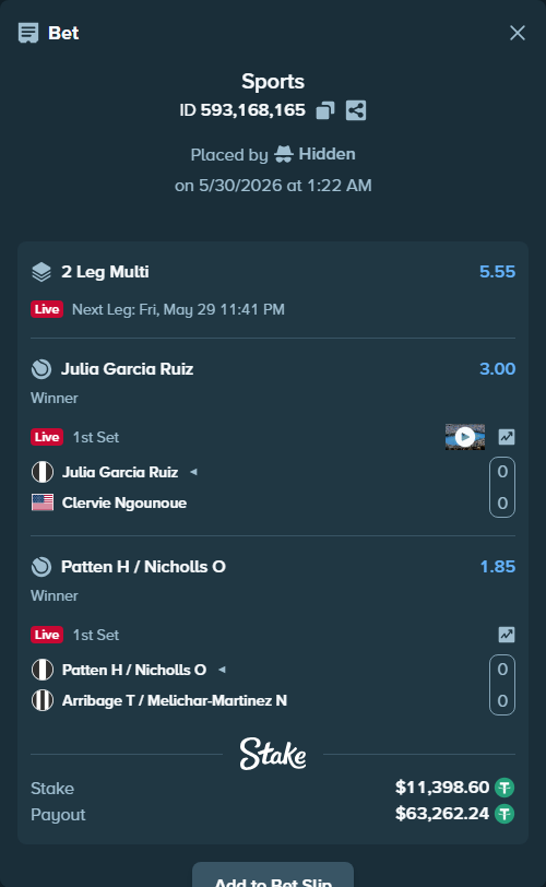 Bet slip: Julia Garcia Ruiz - Ngounoue, Clervie, $11,410.00 stake at 3.00 odds, placed by Hidden