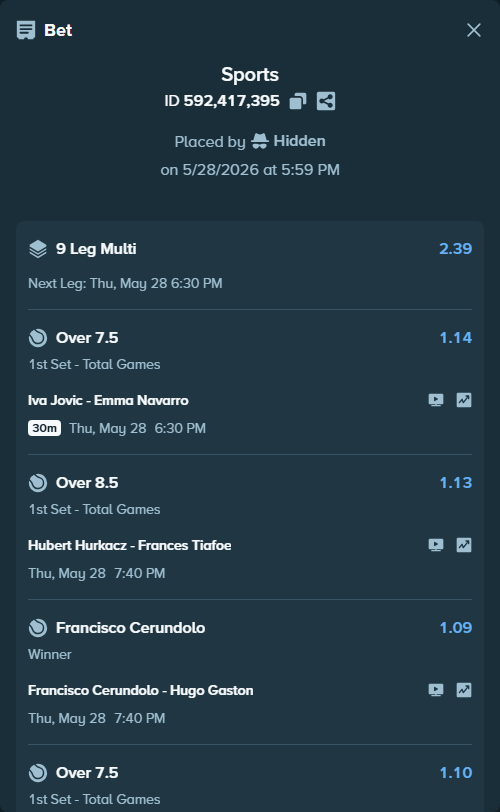 Bet slip: Julia Grabherotball - Amanda Anisimova, $11,239.53 stake at 1.17 odds, placed by Hidden