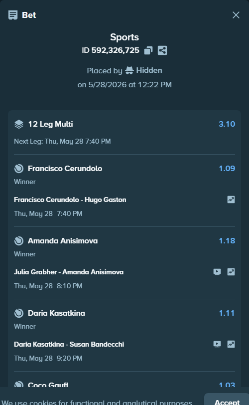 Bet slip: Julia Grabherotball - Amanda Anisimova, $199,006.02 stake at 1.18 odds, placed by Hidden