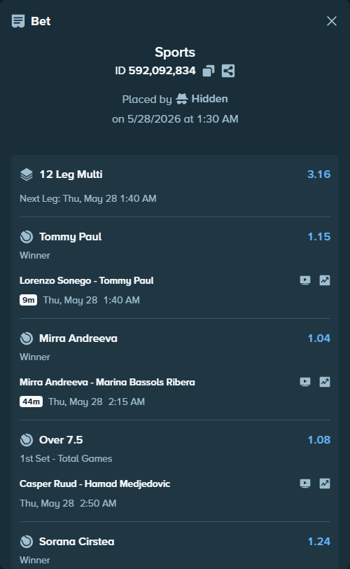 Bet slip: Julia Grabherotball - Amanda Anisimova, $34,751.30 stake at 1.18 odds, placed by Hidden