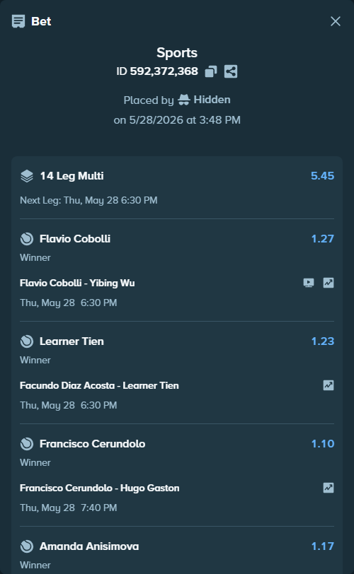 Bet slip: Julia Grabherotball - Amanda Anisimova, $92,537.40 stake at 1.17 odds, placed by Hidden