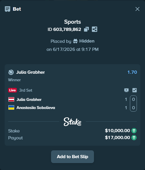Bet slip: Julia Grabherotball - Anastasiia Sobolieva, $10,010.00 stake at 1.70 odds, placed by Hidden