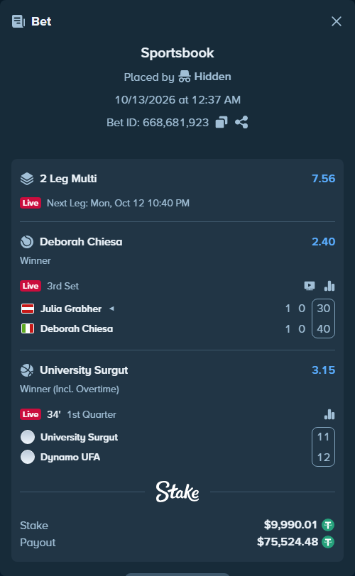 Bet slip: Julia Grabherotball - Deborah Chiesa, $10,000.00 stake at 2.40 odds, placed by Hidden