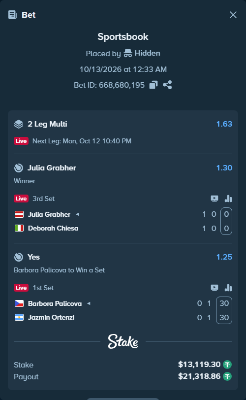 Bet slip: Julia Grabherotball - Deborah Chiesa, $13,132.42 stake at 1.30 odds, placed by Hidden