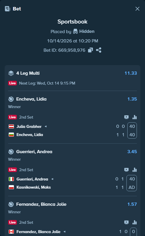 Bet slip: Julia Grabherotball - Encheva, Lidia, $35,837.00 stake at 1.35 odds, placed by Hidden