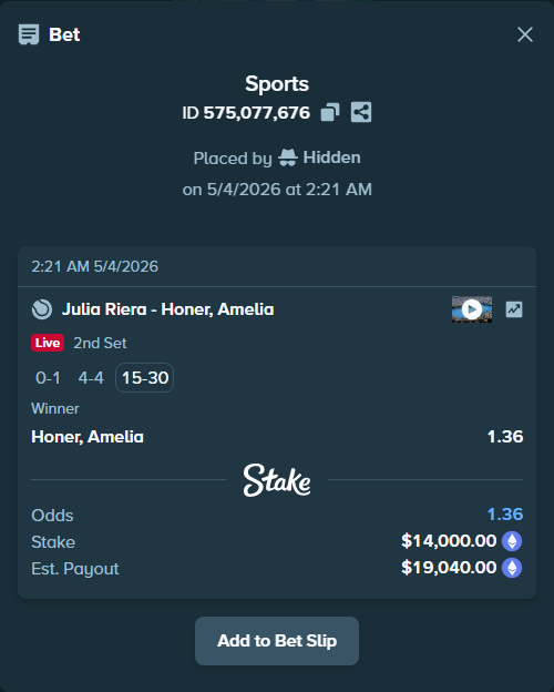 Bet slip: Julia Riera - Honer, Amelia, $10,431.52 stake at 1.36 odds, placed by Hidden