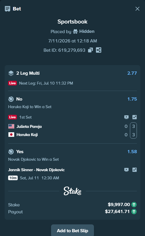Bet slip: Julieta Pareja - Haruka Kaji, $10,007.00 stake at 1.75 odds, placed by Hidden