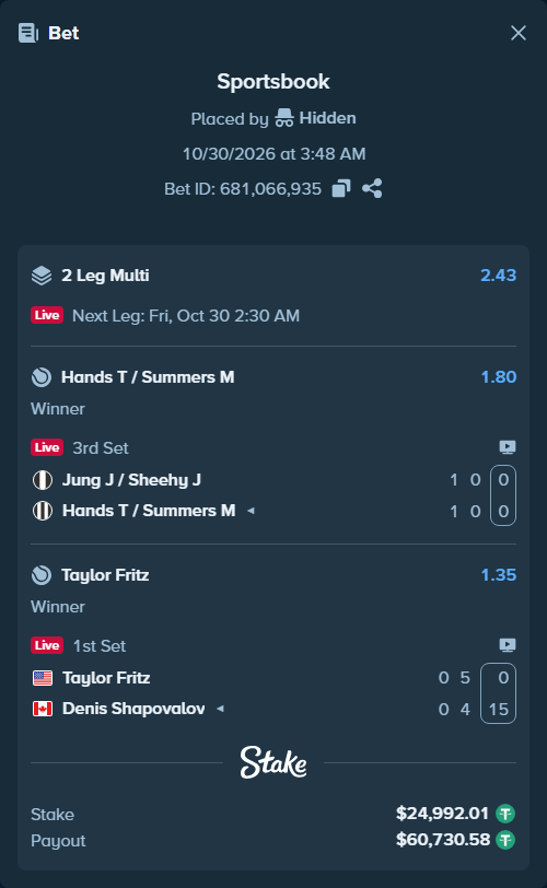 Bet slip: Jung J / Sheehy J - Hands T / Summers M, $25,017.00 stake at 1.80 odds, placed by Hidden