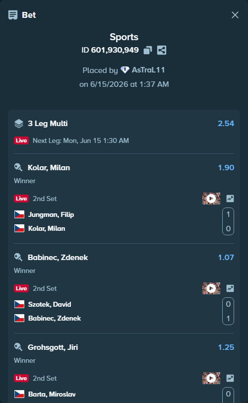 Bet slip: Jungman, Filip - Kolar, Milan, $10,010.00 stake at 1.90 odds, placed by AsTraL11