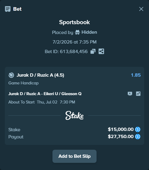 Bet slip: Jurak Schreiber D / Ruzic A - Eikeri U / Gleason Q, $15,000.00 stake at 1.85 odds, placed by Hidden
