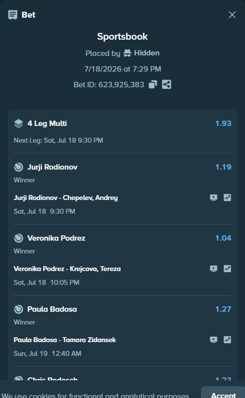 Bet slip: Jurji Rodionov - Chepelev, Andrey, $55,187.04 stake at 1.19 odds, placed by EaurigaT