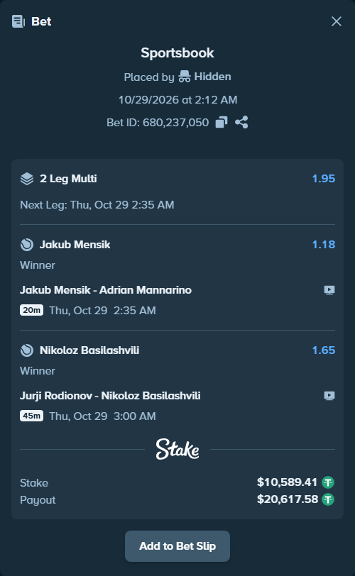 Bet slip: Jurji Rodionov - Nikoloz Basilashvili, $10,600.00 stake at 1.65 odds, placed by Albertosf90