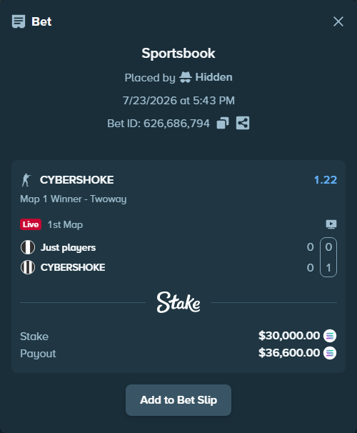 Bet slip: Just players - CYBERSHOKE, $28,275.90 stake at 1.22 odds, placed by Hidden