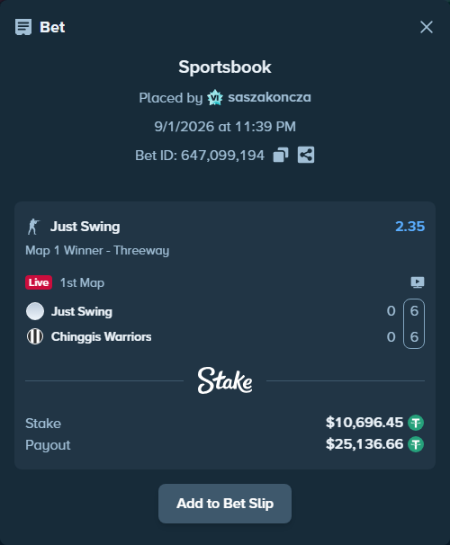 Bet slip: Just Swing - Chinggis Warriors, $10,696.45 stake at 2.35 odds, placed by saszakoncza