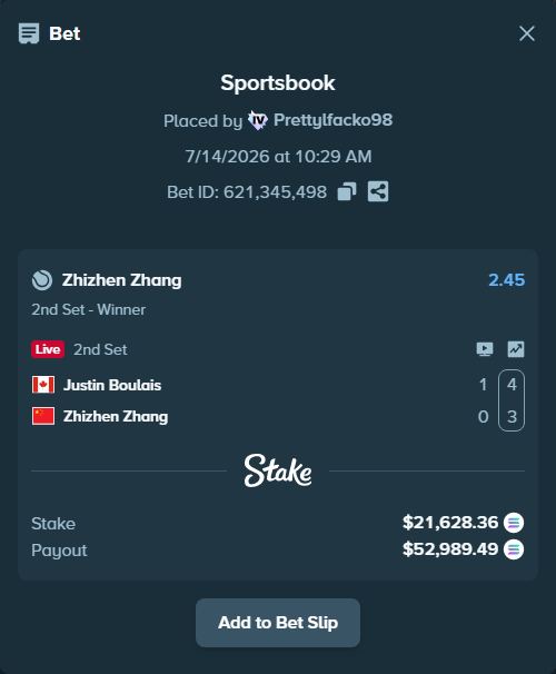 Bet slip: Justin Boulais - Zhizhen Zhang, $20,966.92 stake at 2.45 odds, placed by Prettylfacko98