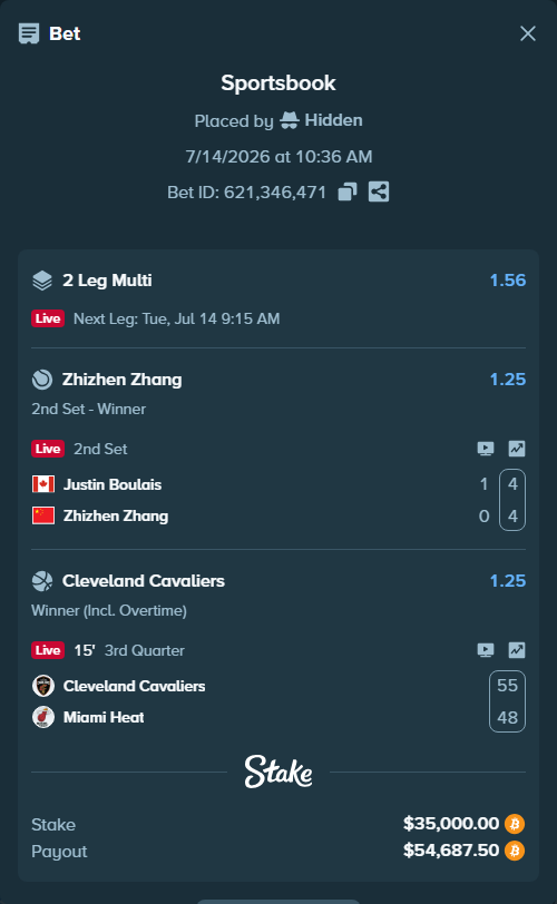 Bet slip: Justin Boulais - Zhizhen Zhang, $36,111.49 stake at 1.25 odds, placed by Hidden