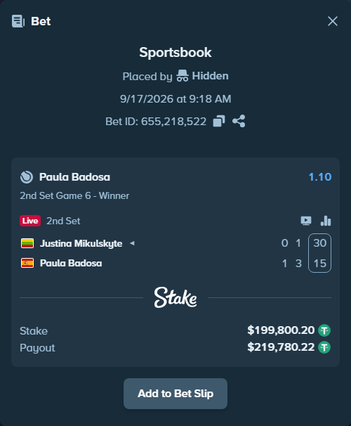 Bet slip: Justina Mikulskyte - Paula Badosa, $200,000.00 stake at 1.10 odds, placed by Hidden