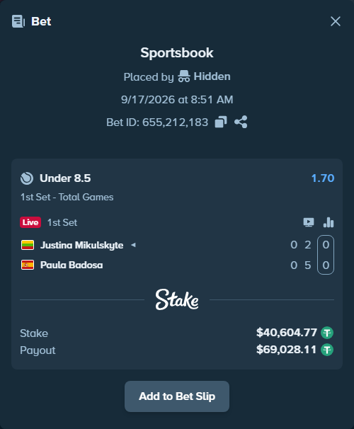 Bet slip: Justina Mikulskyte - Paula Badosa, $40,645.37 stake at 1.70 odds, placed by Hidden