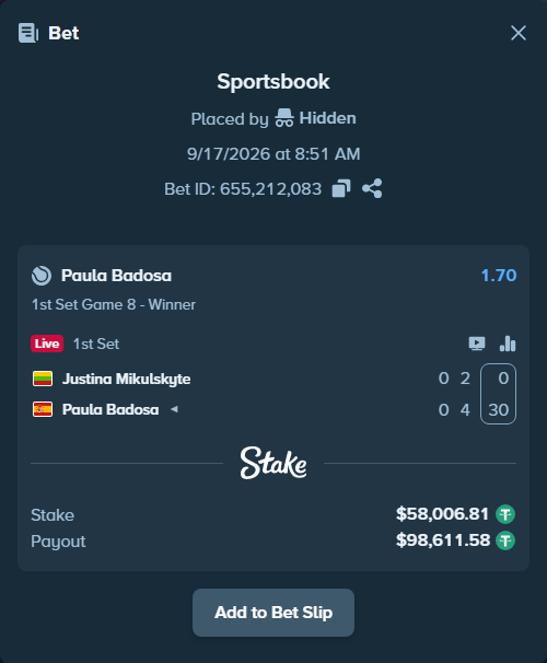 Bet slip: Justina Mikulskyte - Paula Badosa, $58,064.82 stake at 1.70 odds, placed by Hidden