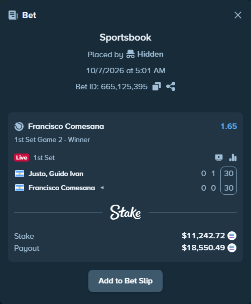 Bet slip: Justo, Guido Ivan - Francisco Comesana, $11,235.30 stake at 1.65 odds, placed by Prettylfacko98
