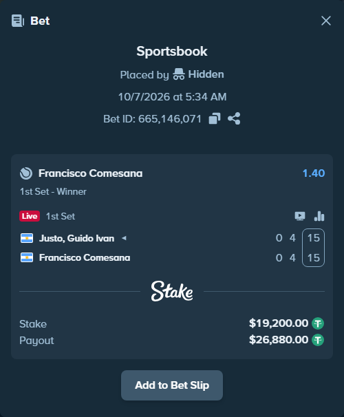 Bet slip: Justo, Guido Ivan - Francisco Comesana, $19,200.00 stake at 1.40 odds, placed by itsreezyy