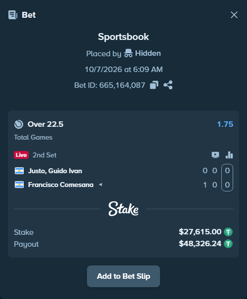 Bet slip: Justo, Guido Ivan - Francisco Comesana, $27,612.23 stake at 1.75 odds, placed by itsreezyy