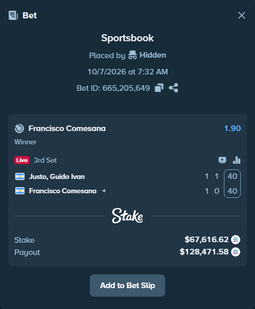 Bet slip: Justo, Guido Ivan - Francisco Comesana, $67,731.26 stake at 1.90 odds, placed by Prettylfacko98