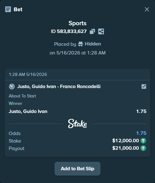 Bet slip: Justo, Guido Ivan - Franco Roncadelli, $12,000.00 stake at 1.75 odds, placed by Hidden