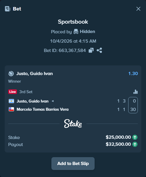 Bet slip: Justo, Guido Ivan - Marcelo Tomas Barrios Vera, $25,000.00 stake at 1.30 odds, placed by Hidden