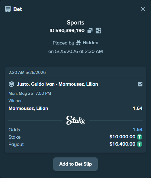 Bet slip: Justo, Guido Ivan - Marmousez, Lilian, $10,000.00 stake at 1.64 odds, placed by Hidden