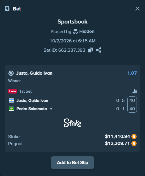 Bet slip: Justo, Guido Ivan - Pedro Sakamoto, $11,502.40 stake at 1.07 odds, placed by Hidden