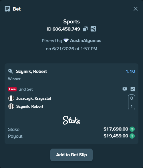 Bet slip: Juszczyk, Krzysztof - Szymik, Robert, $17,707.69 stake at 1.10 odds, placed by AustinAlgamus