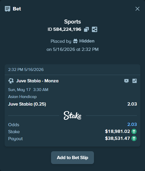 Bet slip: Juve Stabia - Monza, $19,000.00 stake at 2.03 odds, placed by Hidden