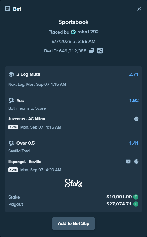 Bet slip: Juventus - AC Milan, $10,000.00 stake at 1.92 odds, placed by roha1292