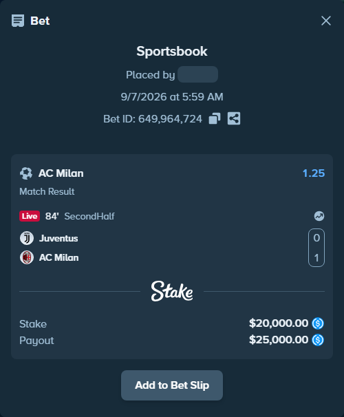 Bet slip: Juventus - AC Milan, $20,000.00 stake at 1.25 odds, placed by Bokket