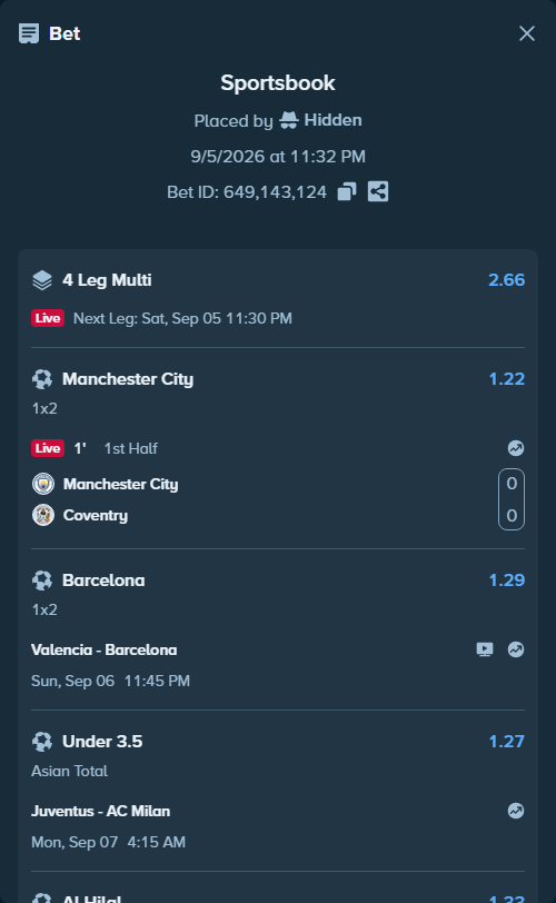 Bet slip: Juventus - AC Milan, $21,364.33 stake at 1.27 odds, placed by Hidden
