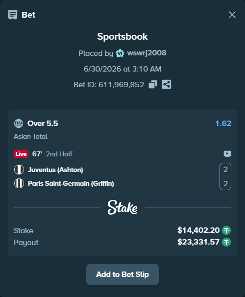Bet slip: Juventus (Ashton) - Paris Saint-Germain (Griffin), $14,416.61 stake at 1.62 odds, placed by wswrj2008