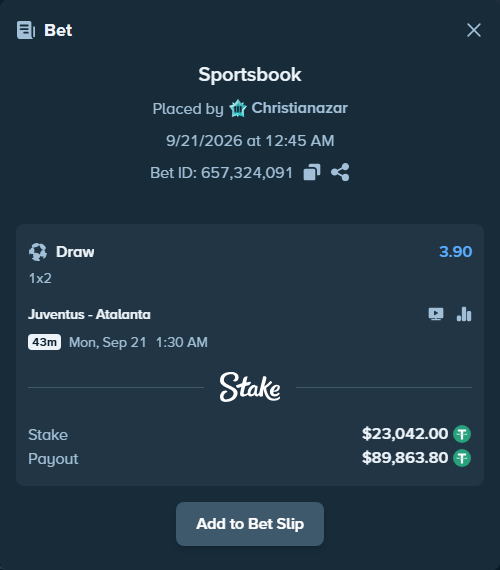 Bet slip: Juventus - Atalanta, $23,042.00 stake at 3.90 odds, placed by Christianazar