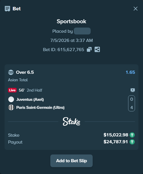 Bet slip: Juventus (Axel) - Paris Saint-Germain (Ultra), $15,038.00 stake at 1.65 odds, placed by wswrj2008