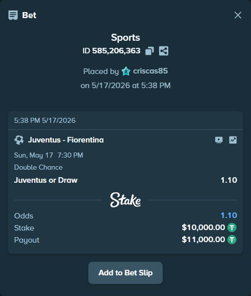 Bet slip: Juventus - Fiorentina, $10,000.00 stake at 1.10 odds, placed by criscas85