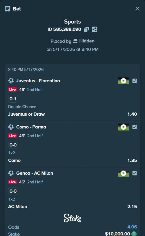 Bet slip: Juventus - Fiorentina, $10,000.00 stake at 1.40 odds, placed by Hidden