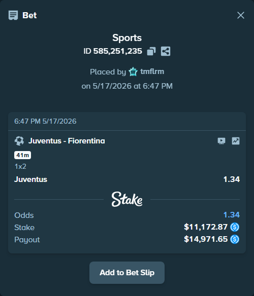 Bet slip: Juventus - Fiorentina, $11,172.87 stake at 1.34 odds, placed by tmflrm
