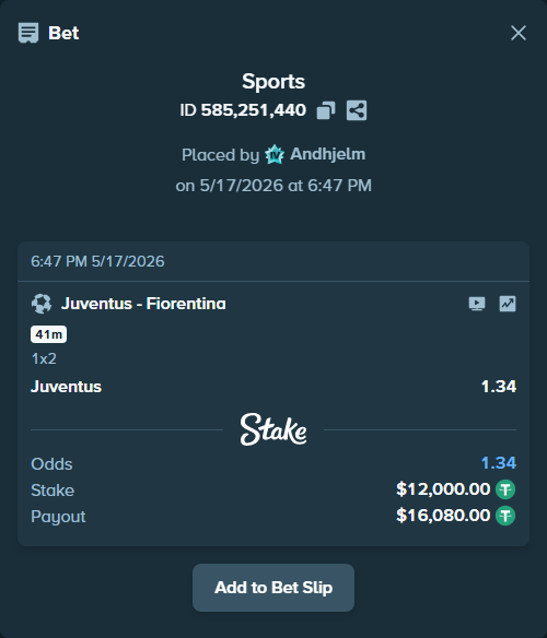 Bet slip: Juventus - Fiorentina, $12,000.00 stake at 1.34 odds, placed by Andhjelm