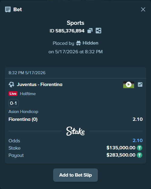 Bet slip: Juventus - Fiorentina, $135,000.00 stake at 2.10 odds, placed by Hidden