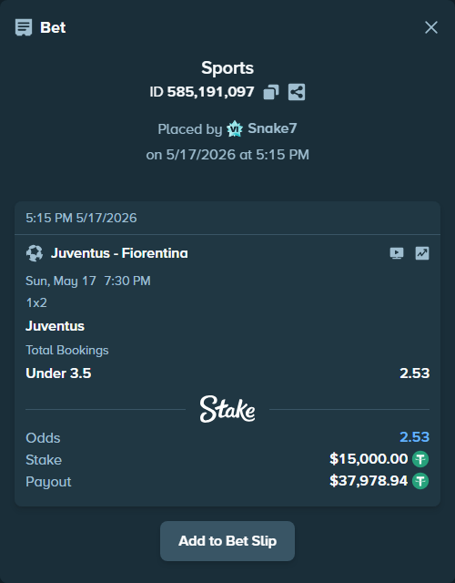Bet slip: Juventus - Fiorentina, $15,000.00 stake at 1.35 odds, placed by Snake7
