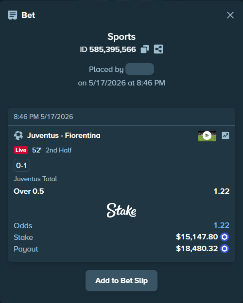 Bet slip: Juventus - Fiorentina, $12,307.44 stake at 1.22 odds, placed by ossipeter