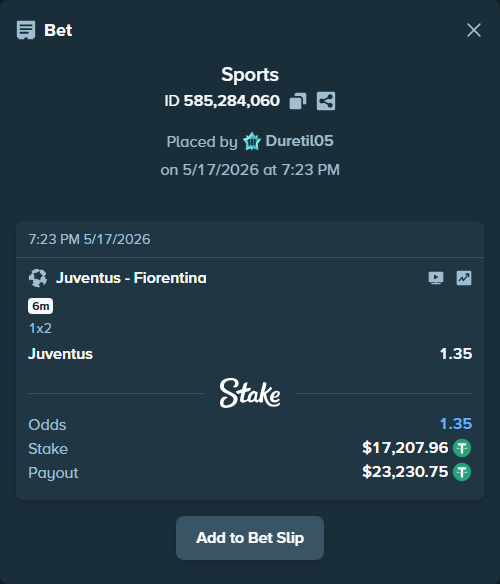Bet slip: Juventus - Fiorentina, $17,207.96 stake at 1.35 odds, placed by Duretil05