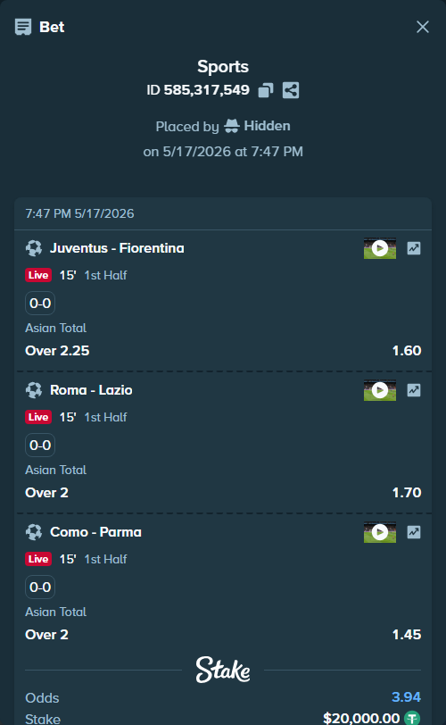 Bet slip: Juventus - Fiorentina, $20,000.00 stake at 1.60 odds, placed by Hidden