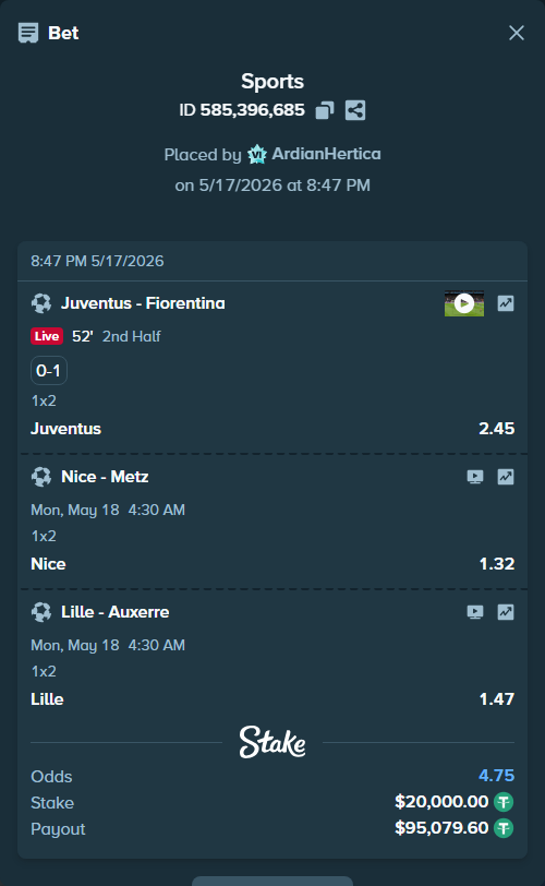 Bet slip: Juventus - Fiorentina, $20,000.00 stake at 2.45 odds, placed by ArdianHertica