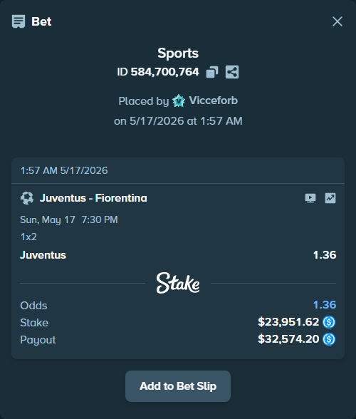 Bet slip: Juventus - Fiorentina, $23,951.62 stake at 1.36 odds, placed by Vicceforb